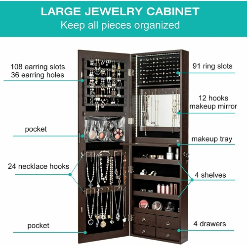 Gymax Mirror Jewelry Cabinet 96 LED Lights Wall Door Mounted Armoire w/ Makeup Rack