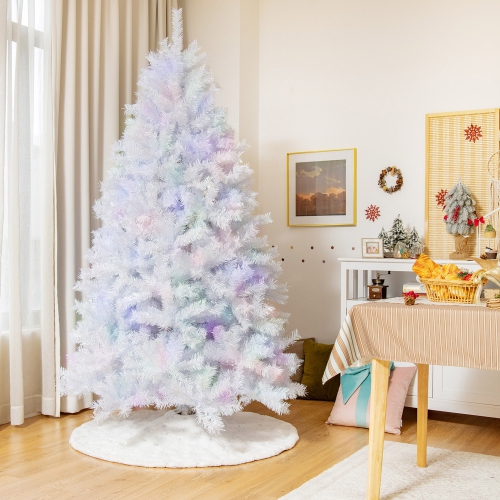 GYMAX  7 Ft Artificial Christmas Tree Hinged Unlit Iridescent Xmas Tree In White