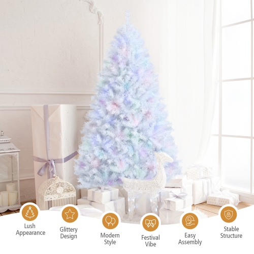 Gymax 7 FT White Artificial Christmas Tree Hinged Unlit Iridescent Xmas Tree
