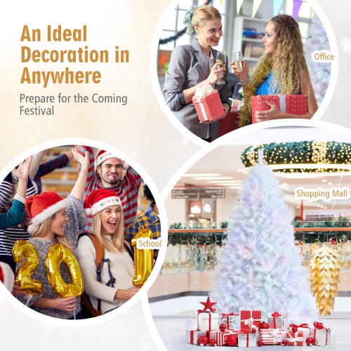 Gymax 7 FT White Artificial Christmas Tree Hinged Unlit Iridescent Xmas Tree