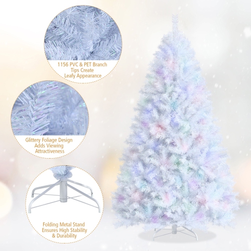 Gymax 7 FT White Artificial Christmas Tree Hinged Unlit Iridescent Xmas Tree