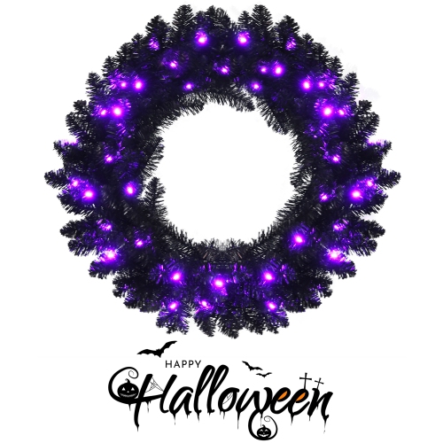 Gymax 24'' Pre-lit Black Halloween Wreath Christmas Wreath w/ Purple LED lights