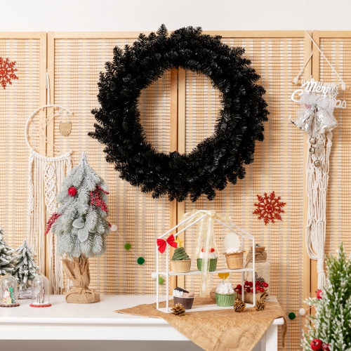 Gymax 24'' Pre-lit Black Halloween Wreath Christmas Wreath w/ Purple LED lights