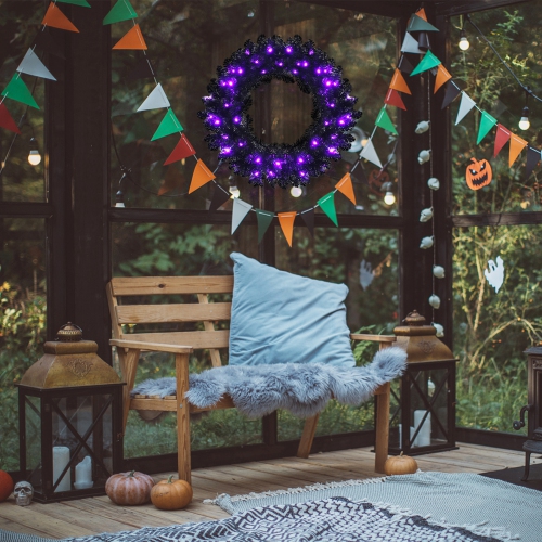 Gymax 24'' Pre-lit Black Halloween Wreath Christmas Wreath w/ Purple LED lights