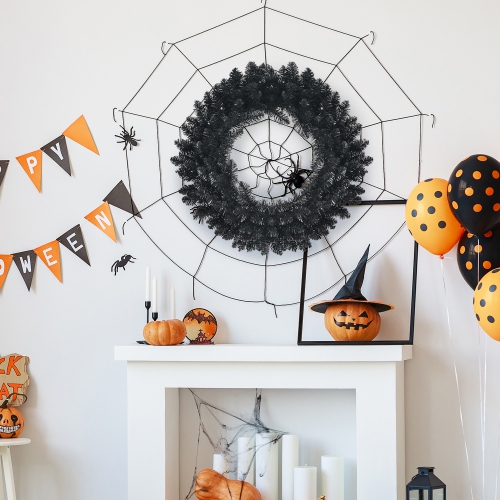 Gymax 24'' Pre-lit Black Halloween Wreath Christmas Wreath w/ Purple LED lights