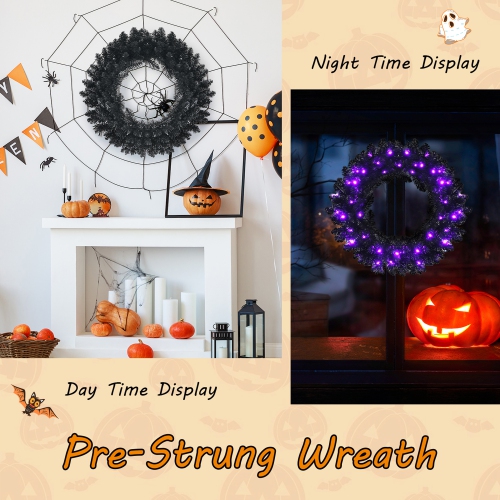 Gymax 24'' Pre-lit Black Halloween Wreath Christmas Wreath w/ Purple LED lights