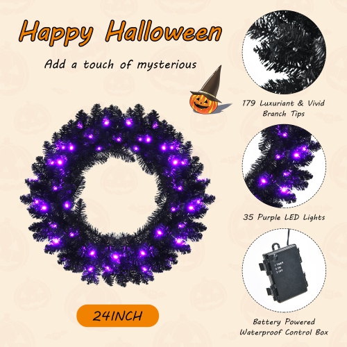 Gymax 24'' Pre-lit Black Halloween Wreath Christmas Wreath w/ Purple LED lights