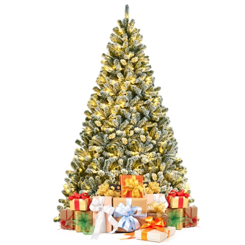 GYMAX  8 Ft Pre-Lit Artificial Christmas Tree Snow Flocked Full Xmas Tree