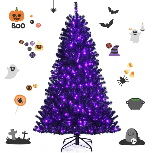 GYMAX  6 Ft Pre-Lit Halloween Tree Artificial Hinged Christmas Tree In Black