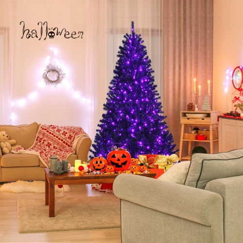 Gymax 6 FT Pre-lit Black Halloween Tree Artificial Hinged Christmas Tree