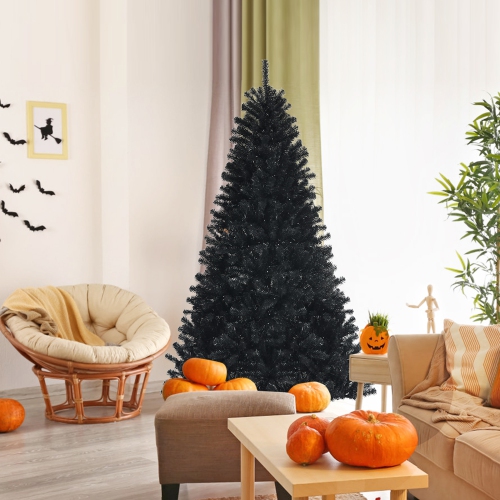 Gymax 6 FT Pre-lit Black Halloween Tree Artificial Hinged Christmas Tree