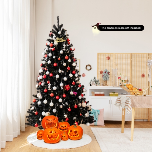 Gymax 6 FT Pre-lit Black Halloween Tree Artificial Hinged Christmas Tree