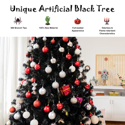 Gymax 6 FT Pre-lit Black Halloween Tree Artificial Hinged Christmas Tree