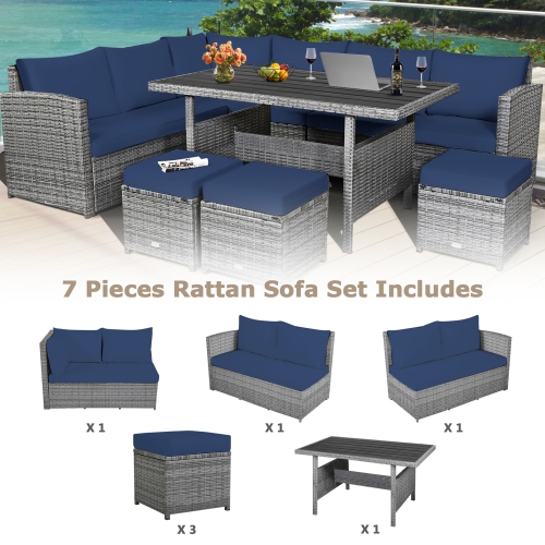 Gymax 7PCS Rattan Patio Sectional Sofa Set Conversation Set w/ Navy Cushions