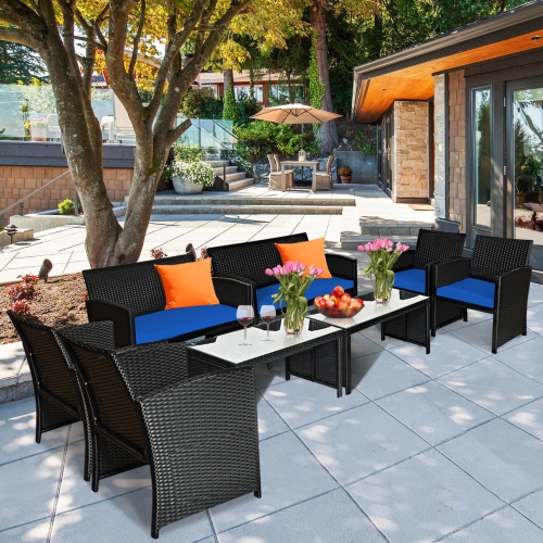 GYMAX  8PCs Rattan Outdoor Conversation Set Patio Furniture Set W/ Cushions In Navy