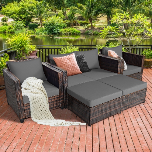Gymax 5PCS Outdoor Patio Rattan Conversation Sofa Furniture Set w/ Grey Cushions