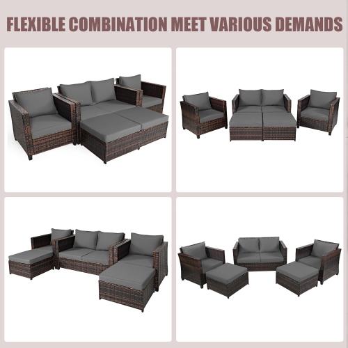 Gymax 5PCS Outdoor Patio Rattan Conversation Sofa Furniture Set w/ Grey Cushions