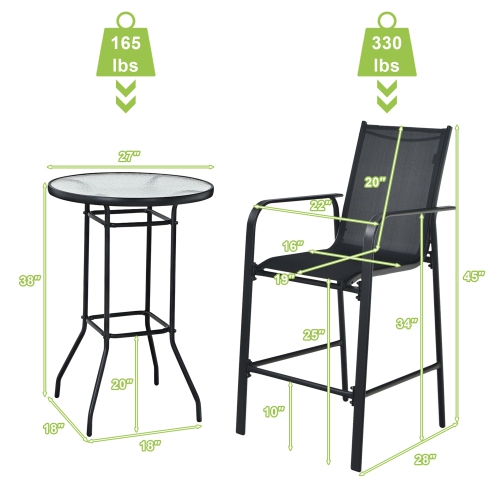 Gymax 3PCS Patio Bar Set Outdoor Bistro Set w/ 2 Stools & 1 Tempered Glass Table