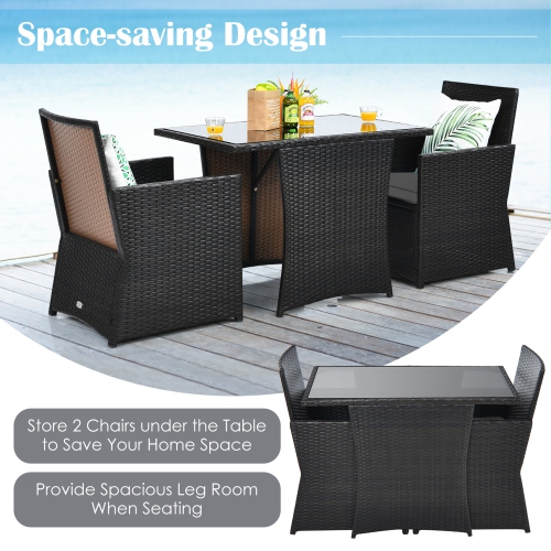 Gymax 3PCS Patio Wicker Bistro Set PE Rattan Dining Table Set w/ Grey Cushions