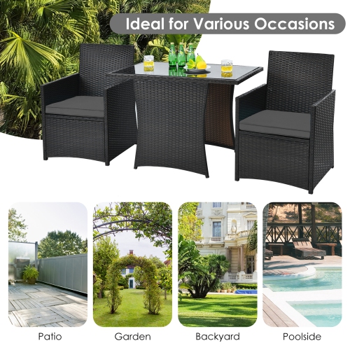 Gymax 3PCS Patio Wicker Bistro Set PE Rattan Dining Table Set w/ Grey Cushions