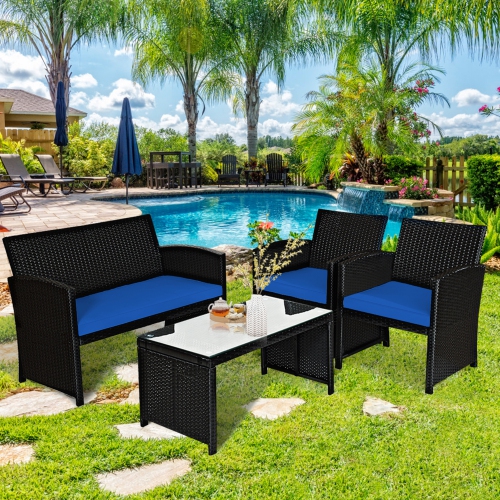 GYMAX  4PCs Rattan Outdoor Conversation Set Patio Furniture Set W/ Cushions In Navy