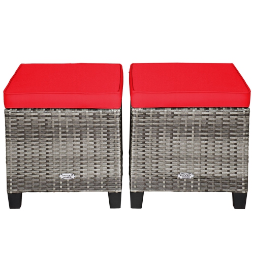Gymax Set of 2 Rattan Patio Ottoman Footrest Wicker Footstool w/ Red Cushions
