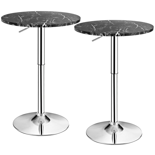 GYMAX  2PCs Round Pub Table Swivel Adjustable Bar Table W/faux Marble Top In Black