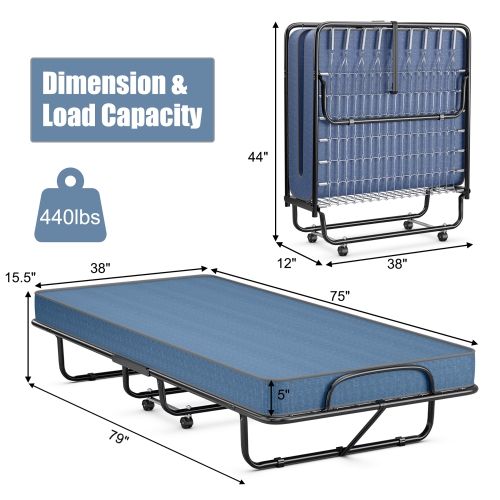 Gymax Folding Bed with Mattress Portable Rollaway Guest Cot Memory Foam Made in Italy Navy