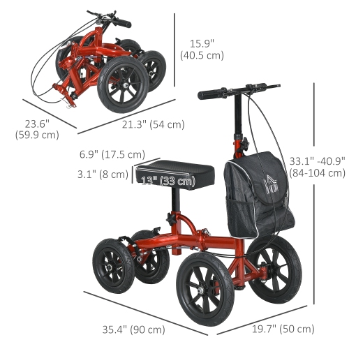HOMCOM – Walkers pour genou, trottinette repliable Steerable Medical pour genou, béquille de rechange avec système de freinage, sac de rangement pour