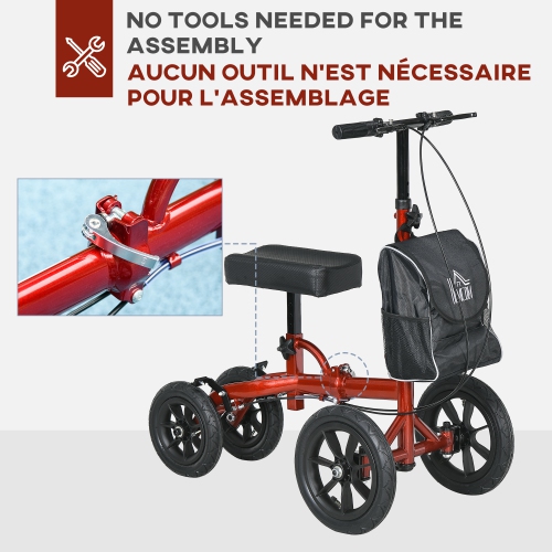 HOMCOM – Walkers pour genou, trottinette repliable Steerable Medical pour genou, béquille de rechange avec système de freinage, sac de rangement pour