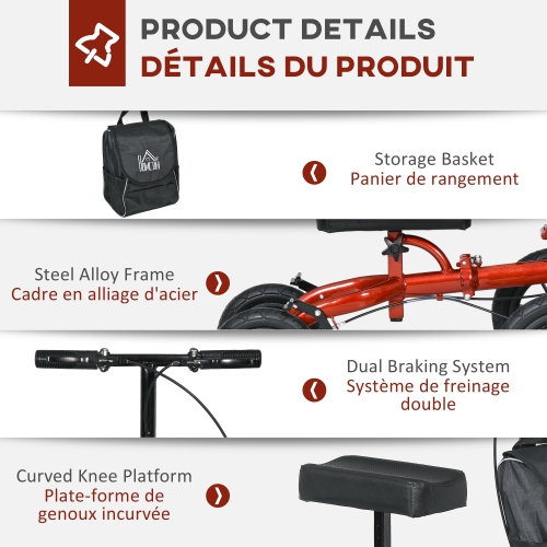 HOMCOM – Walkers pour genou, trottinette repliable Steerable Medical pour genou, béquille de rechange avec système de freinage, sac de rangement pour