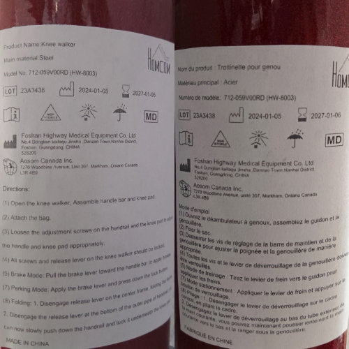 HOMCOM – Walkers pour genou, trottinette repliable Steerable Medical pour genou, béquille de rechange avec système de freinage, sac de rangement pour