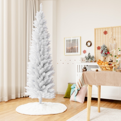 GYMAX  7 Ft Artificial Pencil Christmas Tree Leafy Unlit Slim Xmas Tree In White