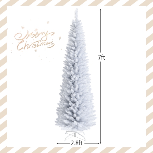Gymax 7 FT Artificial Pencil White Christmas Tree Leafy Unlit Slim Xmas Tree