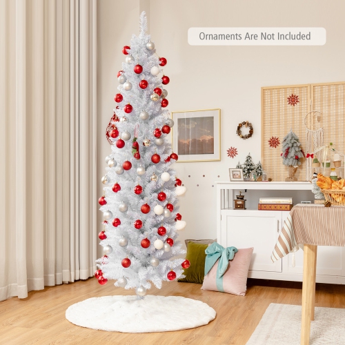 Gymax 7 FT Artificial Pencil White Christmas Tree Leafy Unlit Slim Xmas Tree