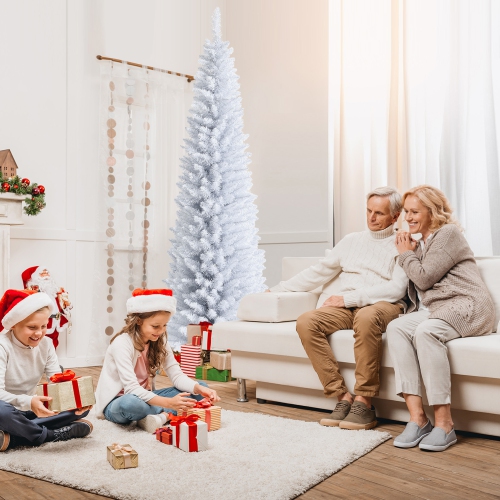 Gymax 7 FT Artificial Pencil White Christmas Tree Leafy Unlit Slim Xmas Tree