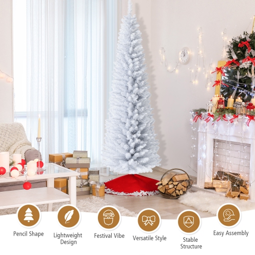 Gymax 7 FT Artificial Pencil White Christmas Tree Leafy Unlit Slim Xmas Tree