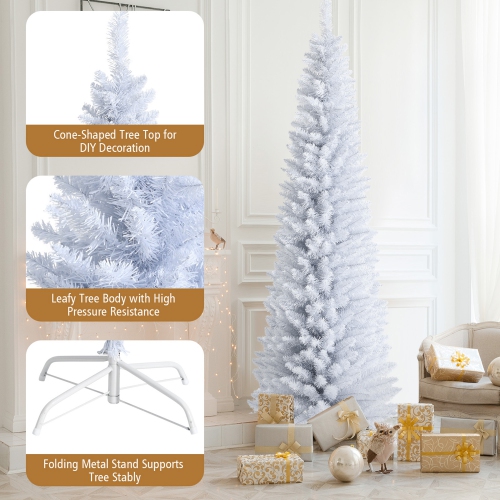 Gymax 7 FT Artificial Pencil White Christmas Tree Leafy Unlit Slim Xmas Tree