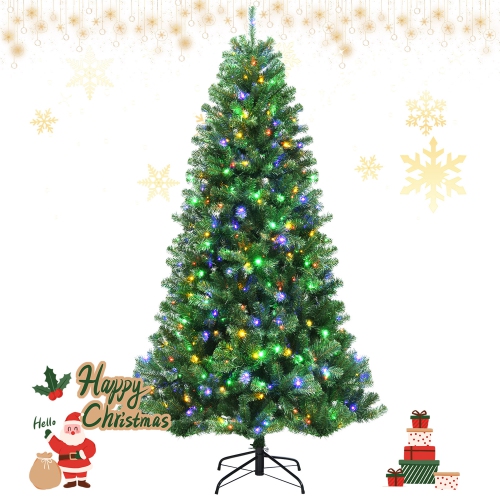 GYMAX  7 Ft Pre-Lit Artificial Christmas Tree Hinged Xmas Tree W/ 9 Lighting Modes