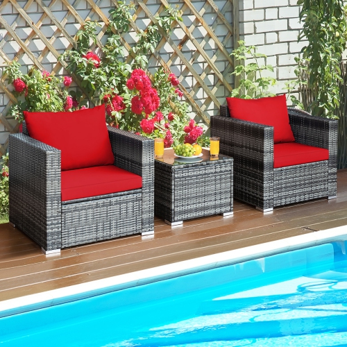 GYMAX  3PCs Rattan Patio Conversation Furniture Set Outdoor Yard W/ Cushion In Red