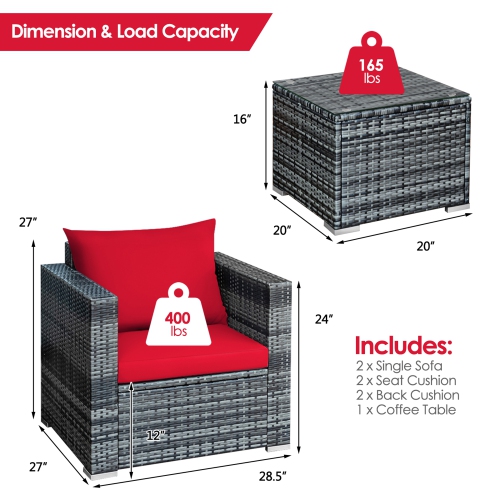 Gymax 3PCS Rattan Patio Conversation Furniture Set Outdoor Yard w/ Red Cushion