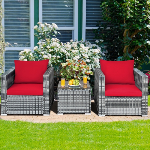Gymax 3PCS Rattan Patio Conversation Furniture Set Outdoor Yard w/ Red Cushion