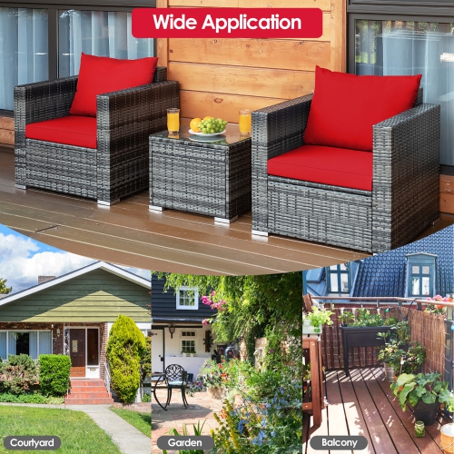 Gymax 3PCS Rattan Patio Conversation Furniture Set Outdoor Yard w/ Red Cushion