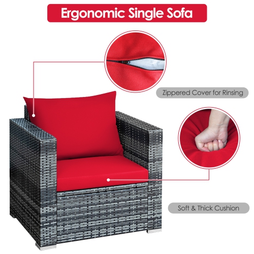 Gymax 3PCS Rattan Patio Conversation Furniture Set Outdoor Yard w/ Red Cushion