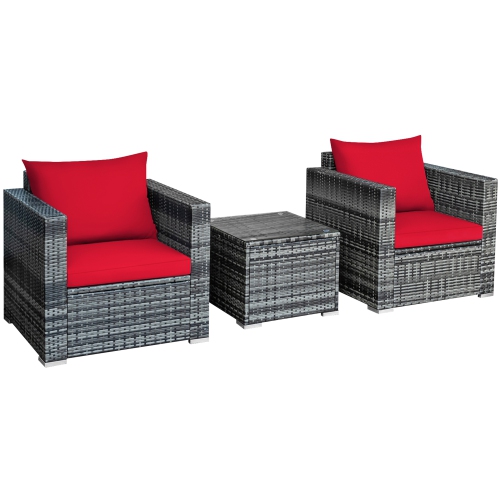 Gymax 3PCS Rattan Patio Conversation Furniture Set Outdoor Yard w/ Red Cushion