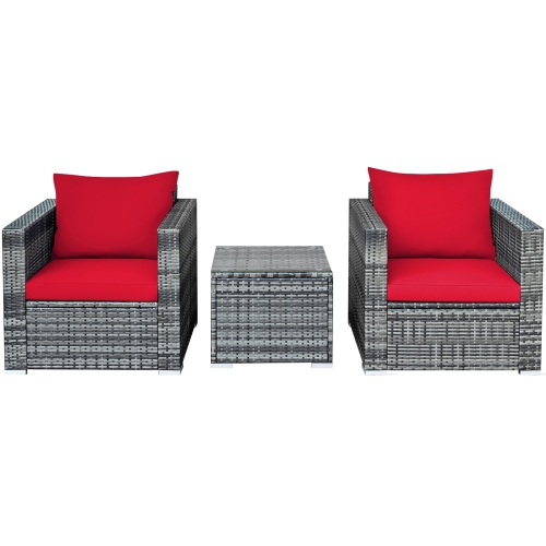 Gymax 3PCS Rattan Patio Conversation Furniture Set Outdoor Yard w/ Red Cushion