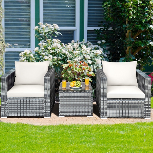 Gymax 3PCS Rattan Patio Conversation Furniture Set Outdoor Yard w/ White Cushion