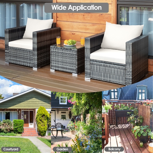 Gymax 3PCS Rattan Patio Conversation Furniture Set Outdoor Yard w/ White Cushion