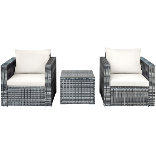 Gymax 3PCS Rattan Patio Conversation Furniture Set Outdoor Yard w/ White Cushion