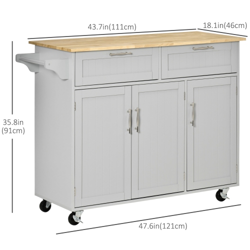 Îlot de cuisine à roulettes de 48&nbsp;po de HOMCOM, chariot de cuisine sur roulettes avec 2 tiroirs de rangement, 3 armoires de porte et support à